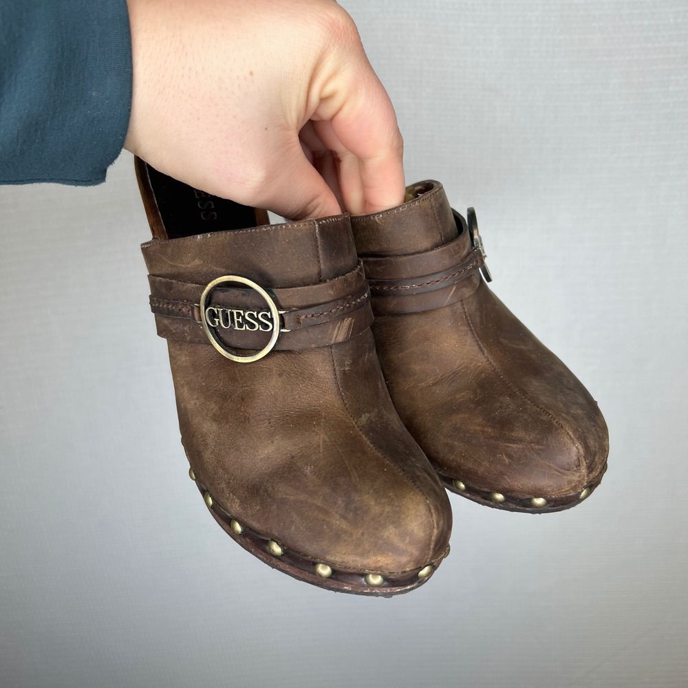 Guess Jovanna-T Brown Leather Studded Wood Platform Clog Mules Womens 9M - Picture 2 of 8